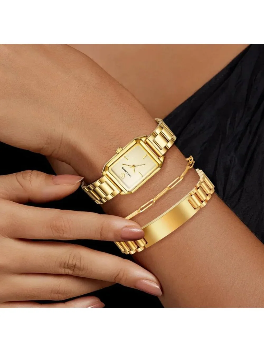 Women's All Gold Analog Stainless Steel Waterproof Luxury 3 Pecs Bracelet Watch
